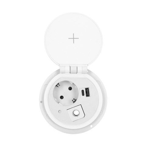 Gniazdo meblowe ?8cm wpuszczane w blat z ładowarką indukcyjną, ładowarką USB z 2 gniazdami A i C, przelotką kablową z przewodem Gniazdo meblowe ?8cm wpuszczane w blat z ładowarką indukcyjną, ładowarką USB z 2 gniazdami A i C, przelotką kablową z przewodem