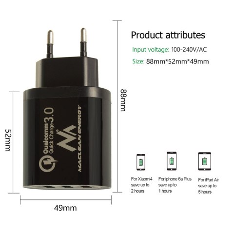 Ładowarka sieciowa Maclean, Qualcomm Quick Charge, QC 3.0 - 3.6-6V/3A, 6-9V/2A, 9-12V/1.5A, 2 gniazda 5V/2.1A, Czarna, MCE479 B Ładowarka sieciowa Maclean, Qualcomm Quick Charge, QC 3.0 - 3.6-6V/3A, 6-9V/2A, 9-12V/1.5A, 2 gniazda 5V/2.1A, Czarna, MCE479 B