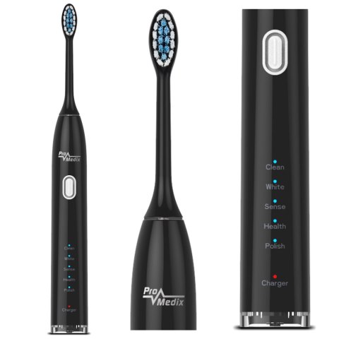 Szczoteczka soniczna do zębów Promedix, kolor czarny,, 5 trybów, timer, wskaźnik poziomu nał. baterii, 2 końcówki, kabel USB, P Szczoteczka soniczna do zębów Promedix, kolor czarny,, 5 trybów, timer, wskaźnik poziomu nał. baterii, 2 końcówki, kabel USB, P