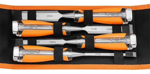 Dłuta 6, 12, 18, 24, zestaw 4 szt. Uchwyt dwukomponentowy. Pakowane w etui Dłuta 6, 12, 18, 24, zestaw 4 szt. Uchwyt dwukomponentowy. Pakowane w etui