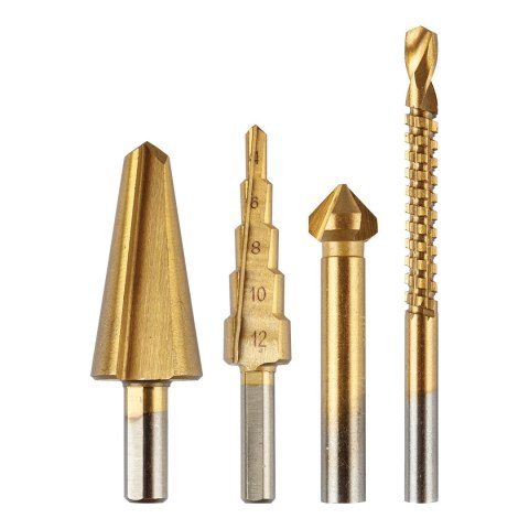 Wiertła stopniowe 4-12 mm, rozwiertak 12,4 mm, frezowiertło 6x90 mm, pogłębiacz stożkowy 8-20 mm,TiN Wiertła stopniowe 4-12 mm, rozwiertak 12,4 mm, frezowiertło 6x90 mm, pogłębiacz stożkowy 8-20 mm,TiN