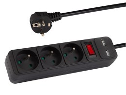 98-775# Przedłużacz sieciowy pr-370wsp/usb 3-gniazda+usb z uziemieniem+wyłącznik 3m czarny 3x1,5mm