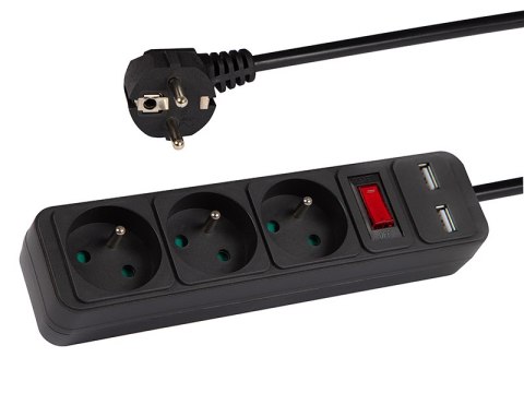 98-775# Przedłużacz sieciowy pr-370wsp/usb 3-gniazda+usb z uziemieniem+wyłącznik 3m czarny 3x1,5mm
