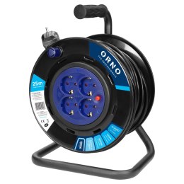 Przedłużacz bębnowy, 4 gniazda 2P+Z Schuko, kabel PVC H05VV-F 3x1,5mm2, długość 25m, stałe gniazda, termik, przesłony torów prąd