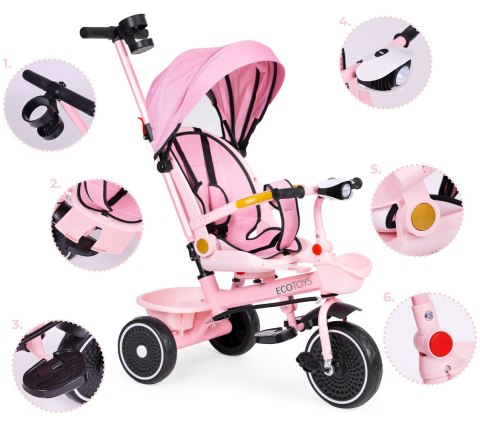 Rowerek trójkołowy spacerówka 2w1 obracane siedzisko składany daszek różowy - ECOTOYS Rowerek trójkołowy spacerówka 2w1 obracane siedzisko składany daszek różowy - ECOTOYS